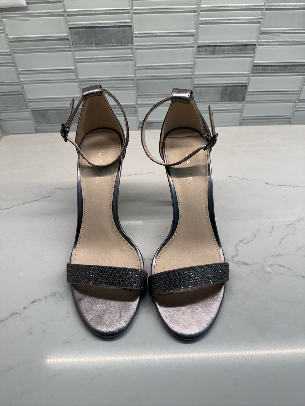 Pelle Moda Pewter Ankle-Strap Heels with Black Sparkle Toe Band